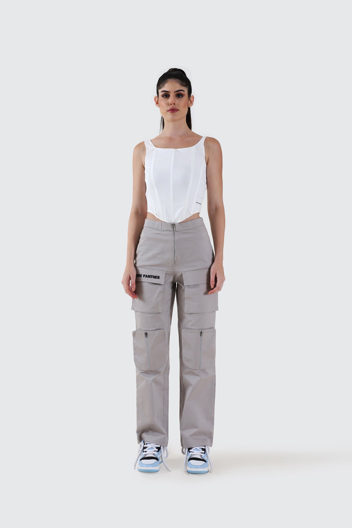 Women Paris 6 Pocket High Waist Grey Cargo Pants