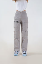 Women Paris 6 Pocket High Waist Grey Cargo Pants